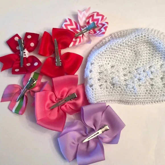 BOUTIQUE NEW BABY GIRLS 6 BOWS WHITE HAT PINK - Picture 4 of 10